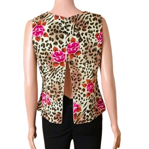 Cline Kolarek Cheetah Floral Tapered Blouse 6 Vintage V Neck Top Made in USA - Picture 6 of 9
